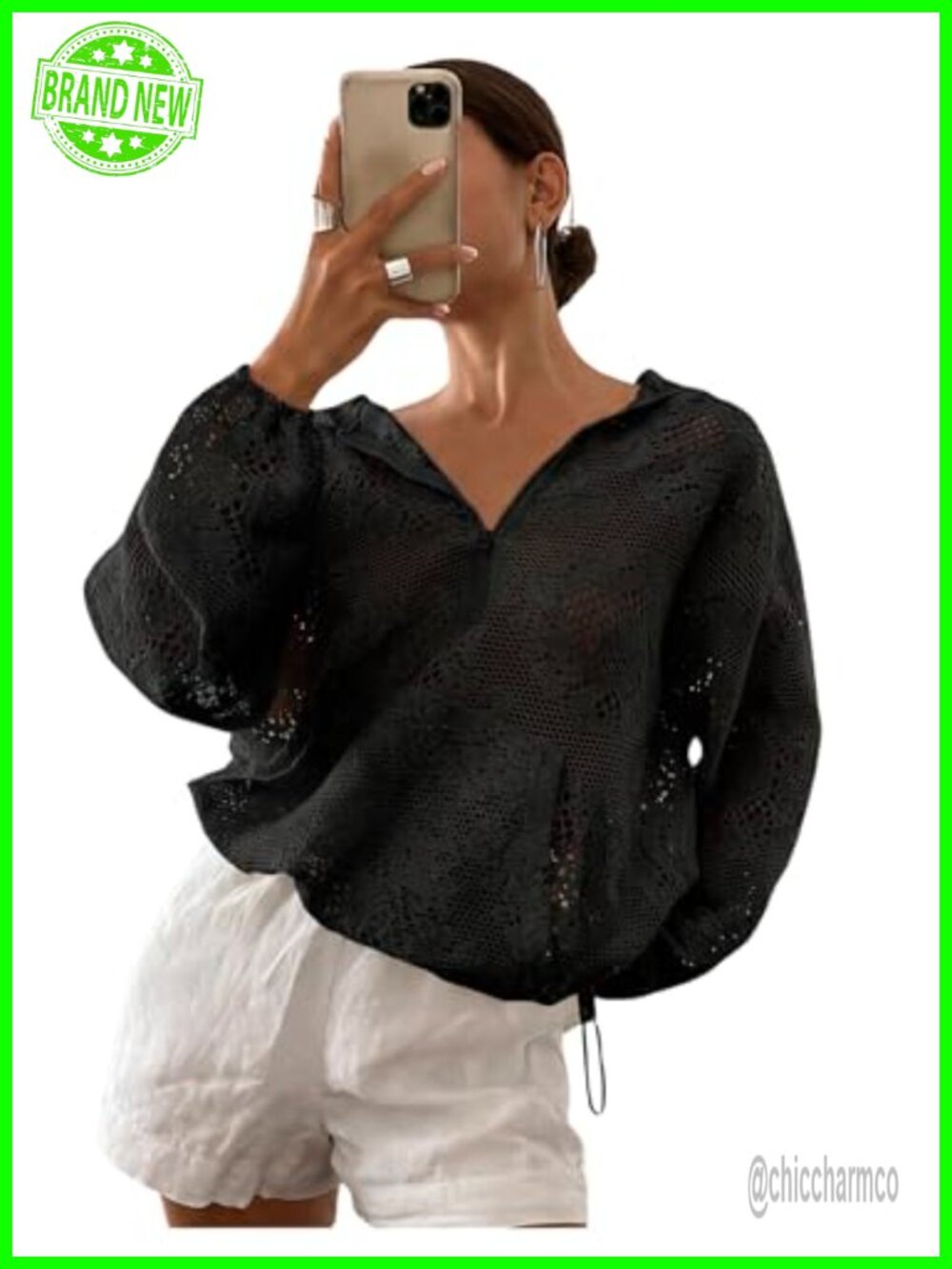Women's Hooded Sweatshirt Hollow Out Half Zip Crochet Lace Mesh Top
